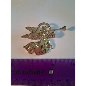 NAPIER Stamped Rhinestone Angel Blowing Trumpet Brooch